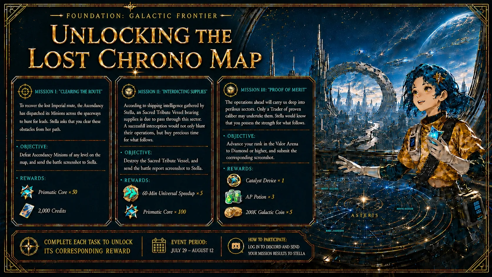Foundation: Galactic Frontier — Stella VIP event banner for 'Unlocking the Lost Chrono Map'